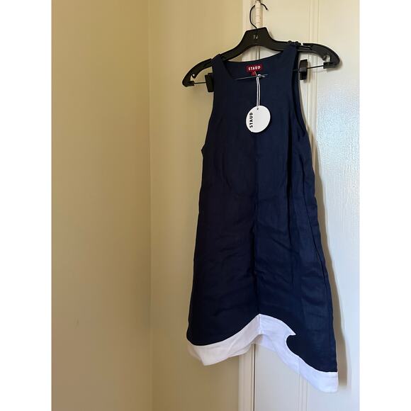 Authentic Staud allori dark navy blue and white linen allori dres - Picture 1 of 4